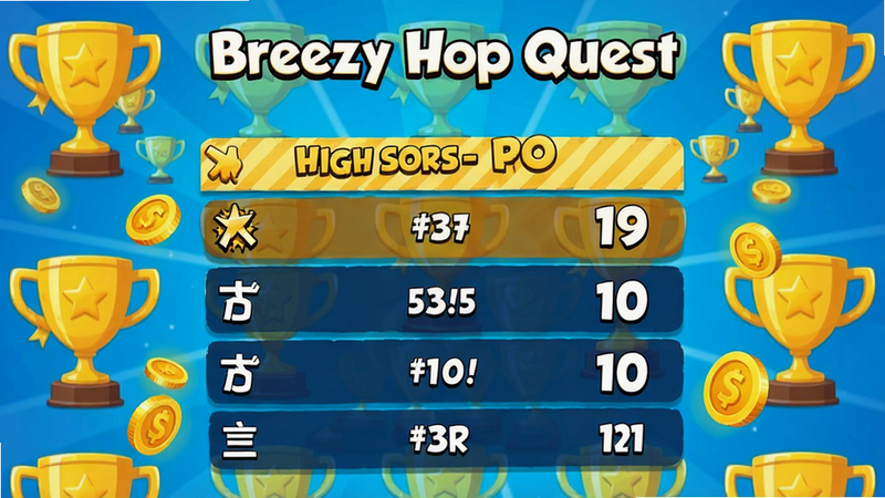 生成一张Breezy Hop Quest的结算界面图,显示高分排行榜,数字醒目,背景是金色的奖杯图标,布局垂直排列,风格明亮欢快,细节包含金币散落的效果,画质清晰,干净,无多余元素