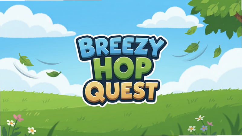 生成一张Breezy Hop Quest游戏的主界面预览图,主体是游戏启动画面,中央显示游戏Logo,背景是蓝天白云下的绿色草地,风格清新简约,布局居中对称,排版整洁,细节包含微风飘动的树叶,画质高清,干净,无多余元素