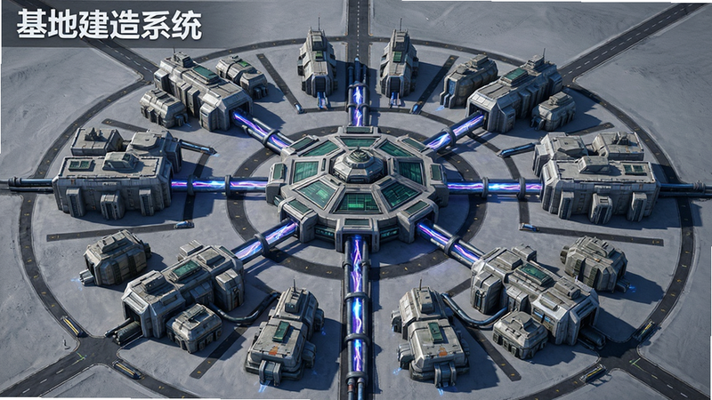 主体为大型军事基地俯瞰图,布局为中心是指挥中心,四周分布着各类功能建筑,排版呈放射状结构,风格为科幻军事风,细节展示建筑间的能量管道连接,画质清晰,干净,无多余元素,文字包含