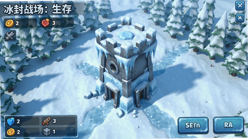 主体为冰封战场生存游戏主界面,布局为中央显示一座被冰雪覆盖的防御塔,四周环绕着雪地与森林,排版清晰展示资源栏与战斗按钮,风格为写实3D卡通渲染,细节丰富展示积雪纹理与金属光泽,画质高清,干净,无多余元素,文字包含