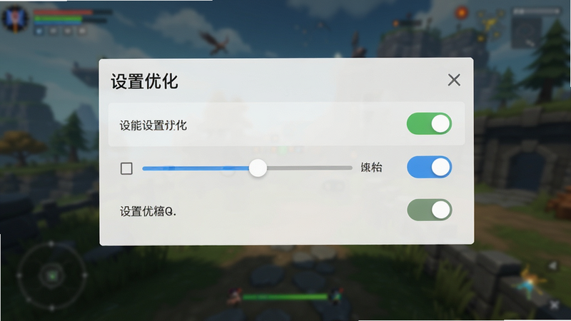 主体为游戏设置界面特写,布局为中央显示性能选项列表,背景为模糊的游戏场景,排版清晰展示开关状态,风格为简洁UI设计,细节展示滑动条与复选框,画质清晰,干净,无多余元素,文字包含