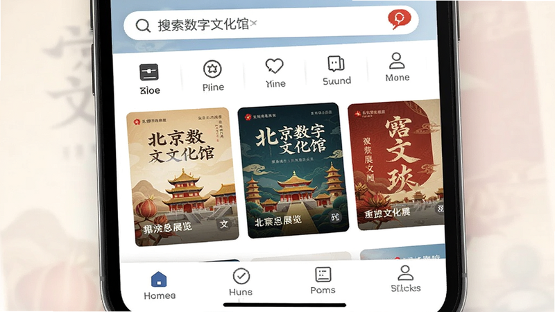 主体为手机屏幕特写,显示“北京数字文化馆”APP首页界面,顶部有搜索栏和分类图标,中间展示精美文化展览海报,底部导航栏清晰,背景为柔和的米白色,整体风格简约现代,排版整洁,高清无噪点,无多余元素