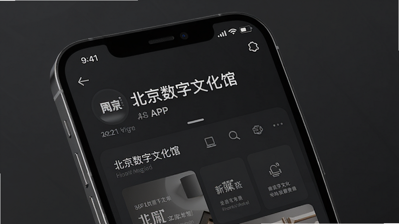 主体为一部智能手机,屏幕显示“北京数字文化馆”APP的深色模式界面,背景为深灰色,文字为白色,界面元素清晰可辨,风格现代简约,细节精致,高清画质,无多余元素