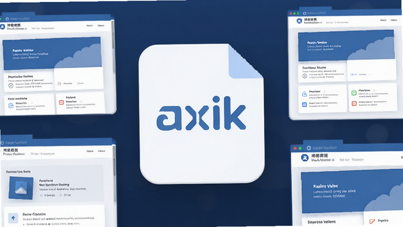 �����ĵ�ͼ�꣬�м��С�axik��Logo����Χ����Ƹ��վ����Ԫ�أ���ƽ����ƣ���ɫ���⣬����ϸ�ڣ��ޱ�������