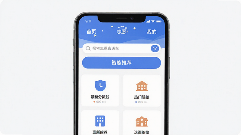չʾ���߿�־Ըֱͨ����APP��ҳ���棬����Ϊ��ɫ��������������ɫ��������ʾ����ҳ������־Ը�������ҵġ����м�����Ϊ��Ŀ��������͡������Ƽ�����ť���·����������񲼾ֵĿ�Ƭ���ֱ�չʾ�����·����ߡ��͡�����ԺУ��ͼ�꣬����ƽ����UI��Ƽ���ִ������壬�޶���Ԫ��