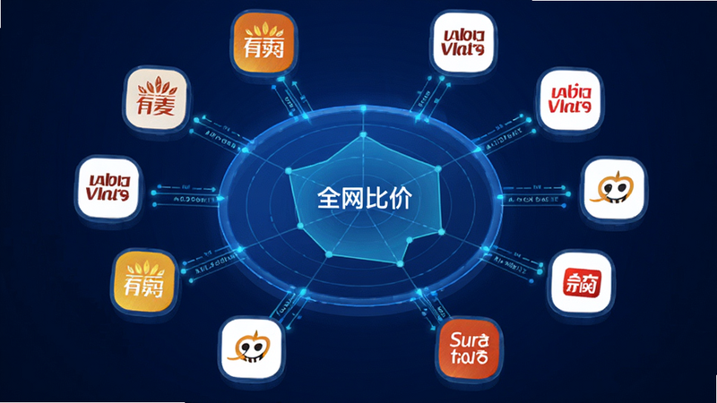 主体为小麦有礼优惠聚合功能示意图,布局中心为一个大圆形比价雷达图,四周环绕着不同电商平台的Logo图标,排版呈放射状分布,风格科技感蓝色调,细节显示数据流线连接中心节点,画质高清,干净,无多余装饰,文字标注“全网比价”