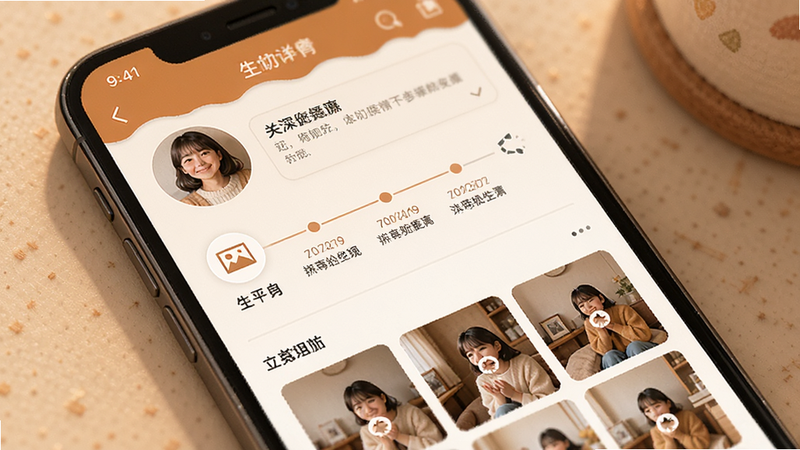 主体为手机界面,显示一个人物详情页,布局包含头像、生平时间轴和相册网格,排版紧凑有序,风格为温馨暖色调,细节展示照片加载图标和文字描述区域,画质细腻,干净,无多余元素