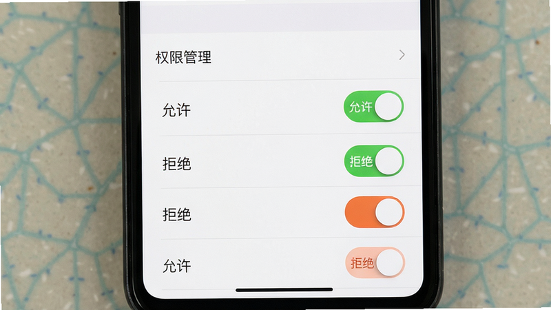 主体为手机设置界面,布局为权限管理列表,排版垂直排列,风格为系统原生UI风格,细节展示“允许”和“拒绝”开关状态,画质清晰,干净,无多余元素