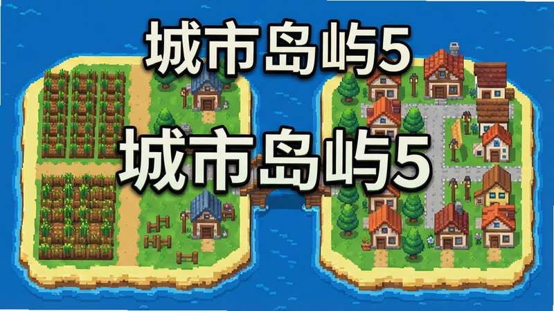 主体为一张高清游戏宣传海报,中心展示“城市岛屿5”像素风格岛屿全景,布局包含左侧农田、右侧居民区、中央河流与桥梁,排版简洁大气,风格清新治愈,细节丰富展示像素建筑纹理,画质4K,干净无多余元素,文字“城市岛屿5”居中醒目