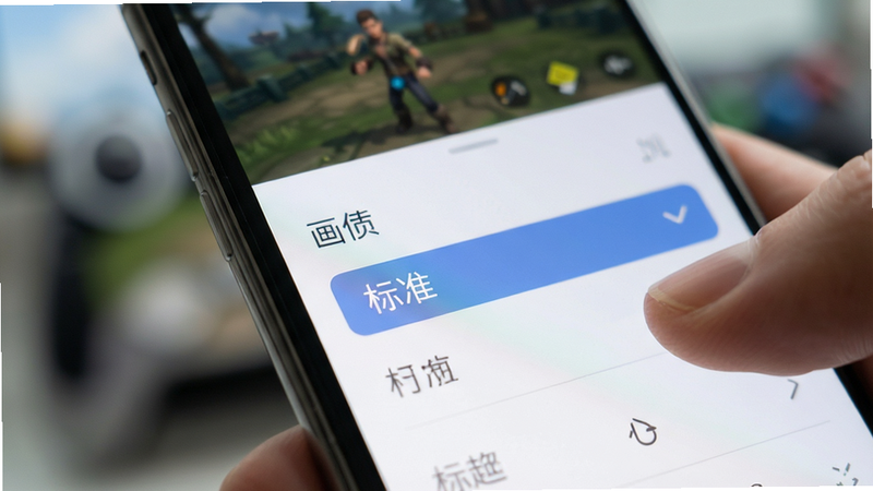 手机屏幕特写,显示游戏设置界面,画质选项被高亮选中为