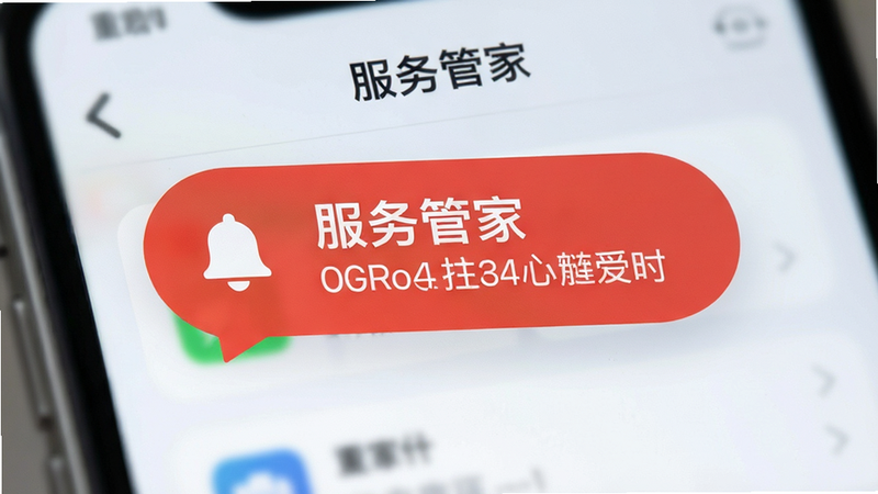 “服务管家”APP的任务提醒界面特写,显示一个带有铃铛图标的红色气泡提示,文字内容清晰可见,背景模糊处理突出前景,布局居中,风格扁平化,细节精致,画质高清,干净,无多余元素