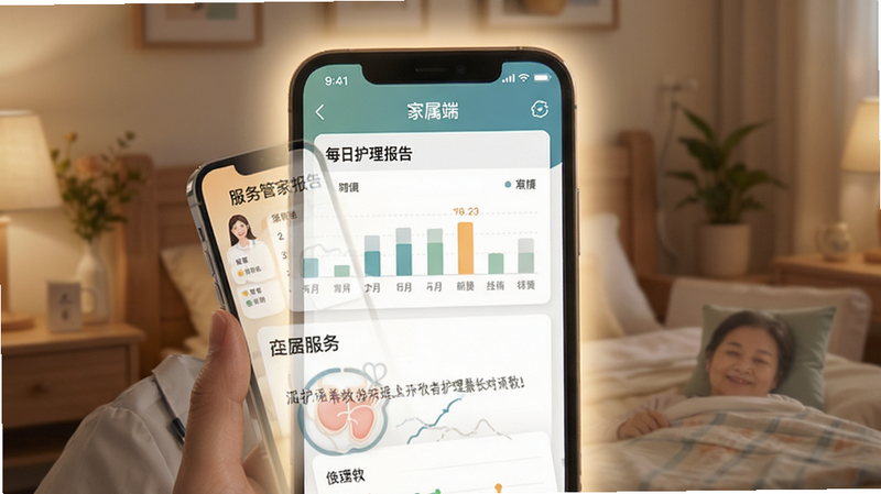 “服务管家”APP的家属端查看界面,显示一份详细的每日护理报告,包含图表和文字描述,屏幕边缘有柔和的光晕,布局上下结构,风格温馨可信,细节丰富,画质高清,干净,无多余元素