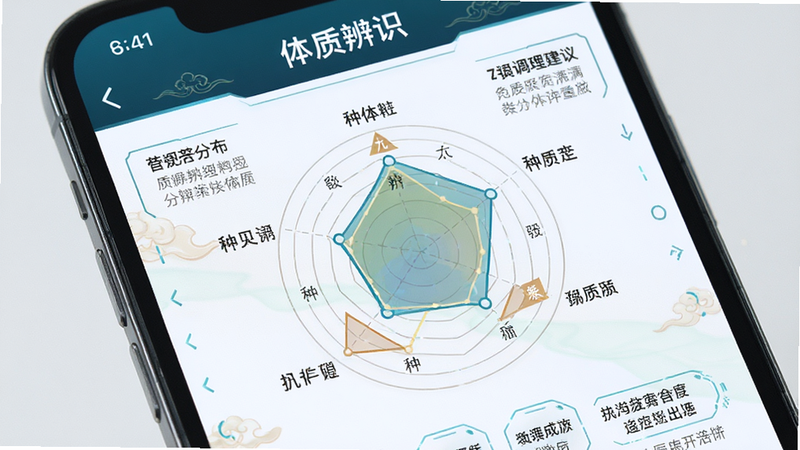 手机界面特写,显示“体质辨识”结果页面,主体为雷达图展示九种体质分布,周围环绕着详细的文字解释和调理建议,布局对称,排版紧凑,风格科技感与传统中医元素结合,细节清晰,画质高,干净,无多余元素