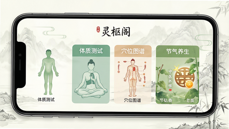 一张展示“灵枢阁”APP主界面的高保真概念图,主体为手机屏幕,显示中医养生主题,背景为淡雅的水墨风格,布局清晰,包含“体质测试”、“穴位图谱”、“节气养生”等模块,排版整齐,风格清新自然,细节丰富,画质高清,干净,无多余元素