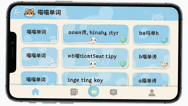 主体为喵喵单词安卓应用的主界面全景图,布局清晰,顶部显示软件Logo和标题