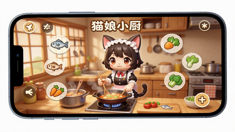 画面中心展示一部现代智能手机,屏幕内运行着《猫娘小厨》游戏界面,显示可爱的猫娘角色正在厨房烹饪,背景为温馨的日式厨房,周围漂浮着食材图标如鱼、蔬菜,整体色调温暖明亮,UI界面清晰,高清写实风格,无多余元素