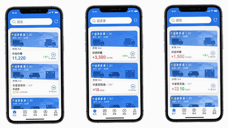 运多多APP界面全景图,主体为手机屏幕展示运多多首页,布局清晰,顶部为搜索栏与状态栏,中部为货源列表卡片,底部为导航栏,风格简洁现代,蓝色主色调,细节包含货源距离、价格、车型图标,画质高清,干净,无多余元素