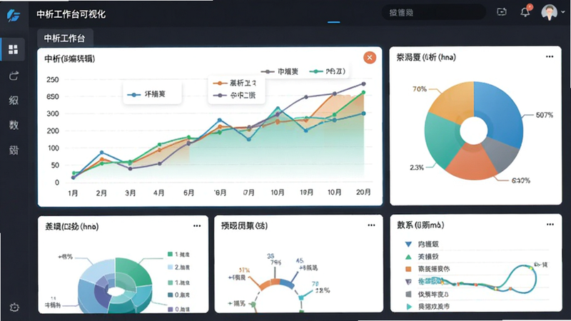 中析工作台可视化图表编辑界面,显示多种交互式图表,包括折线图和饼图,界面元素高亮显示,色彩鲜艳,专业数据分析风格