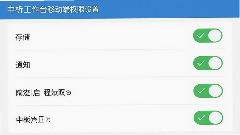 中析工作台移动端权限设置界面,显示存储、通知等权限开关状态,界面简洁,绿色对勾表示已开启,清晰易读