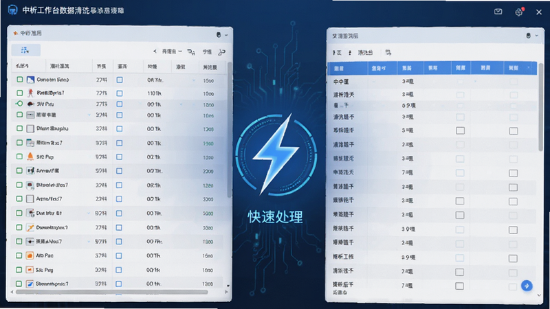 中析工作台数据清洗界面,左侧显示杂乱数据列表,右侧显示清洗后的整齐表格,中间有闪电符号表示快速处理,科技感蓝色调,清晰布局