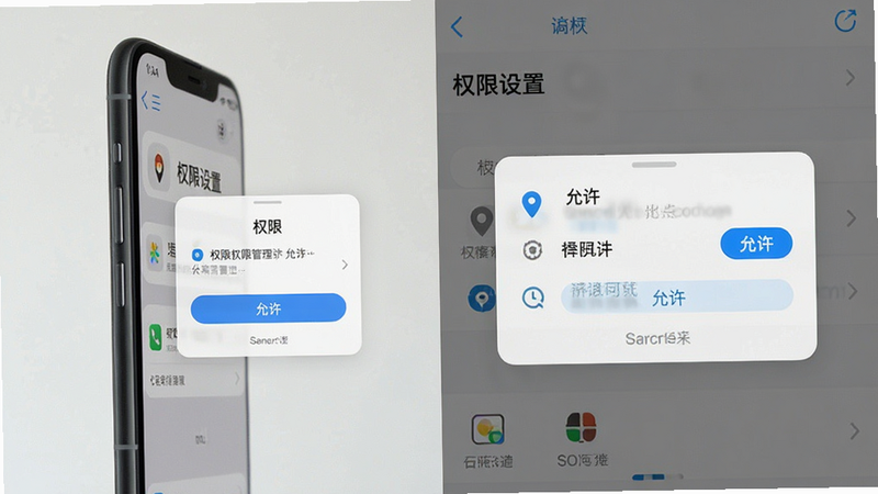 主体为手机设置界面与权限管理弹窗,布局为左右分栏,左侧为手机侧视图,右侧为权限列表,排版清晰,风格为简约UI设计,细节显示