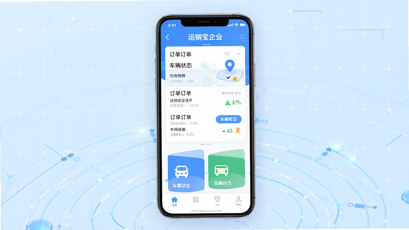 主体为运销宝企业APP的界面展示,布局为手机屏幕居中,背景为浅蓝色科技感网格,排版简洁清晰,风格为现代商务科技风,细节包含订单列表、地图导航图标、车辆状态卡片,文字显示