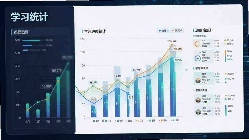 奶酪单词数据图表预览,主体为学习进度统计图,布局左侧对齐,排版专业,风格科技感,细节数据丰富,画质高清,干净,无多余元素,文字