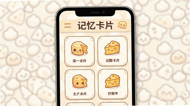 奶酪单词软件功能细节图,主体为记忆卡片界面,布局居中,排版精致,风格卡通可爱,细节清晰,画质极佳,干净,无多余元素,文字