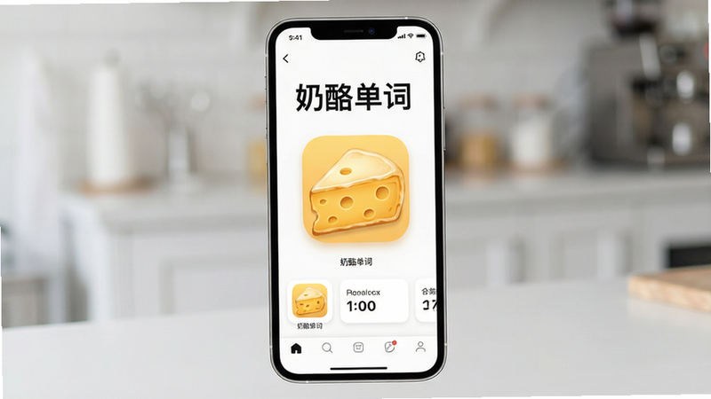 奶酪单词APP界面全景展示,主体为手机屏幕,布局清晰,排版整洁,风格简约现代,细节丰富,画质高清,干净,无多余元素,文字
