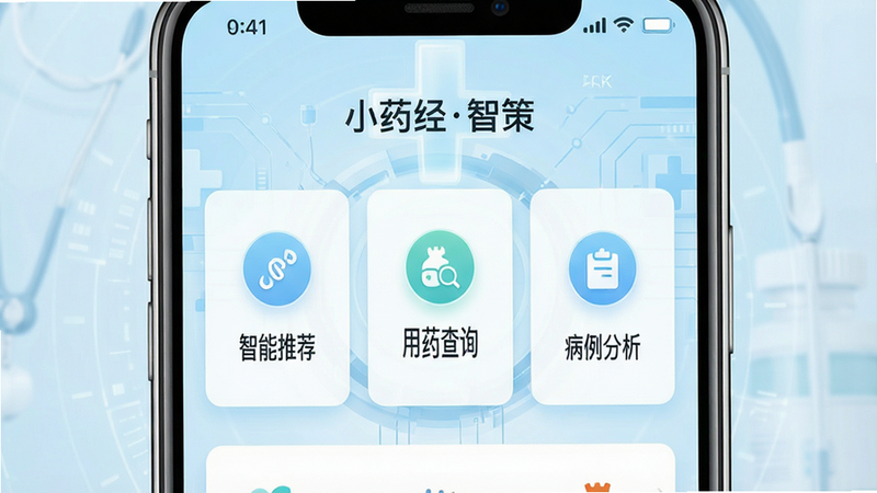 一张高清现代风格的UI界面展示图,主体为手机屏幕,显示“小药经智策”APP的主界面,背景为干净的浅蓝色医疗科技感,界面包含“智能推荐”、“用药查询”、“病例分析”三个核心模块图标,文字清晰无乱码,布局对称,细节精致,4k画质,干净无多余元素