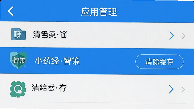 手机设置界面截图风格图,显示“应用管理”列表,其中“小药经智策”高亮显示,旁边有“清除缓存”按钮,界面简洁,文字清晰,风格为扁平化UI,蓝色主题,无多余装饰,高清