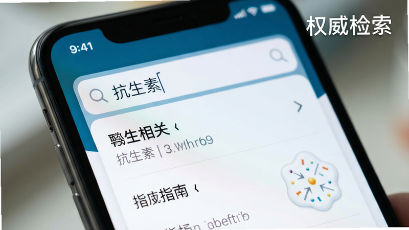 手机界面特写,显示搜索框输入“抗生素”,下拉列表展示相关药品及指南条目,界面简洁,字体易读,背景虚化突出焦点,文字“权威检索”点缀,风格现代简约,高清晰度