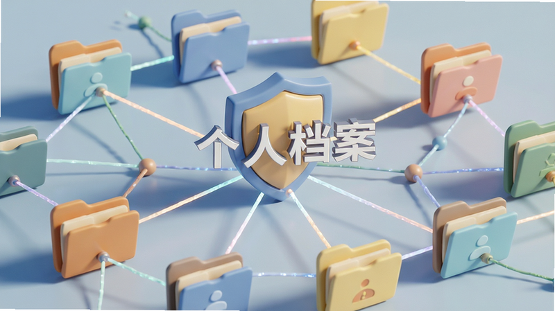 抽象概念图,多个文件夹图标连接成网络,代表个人健康档案,中间有一个盾牌图标象征安全保护,文字“个人档案”清晰,风格为3D渲染,色彩柔和,光影效果自然,细节丰富,无杂乱背景