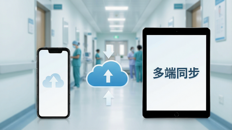 示意图,展示手机与平板并排,中间有云朵图标表示数据同步,背景为医院走廊虚化,文字“多端同步”醒目,风格写实与扁平结合,色调专业,画面整洁,高分辨率