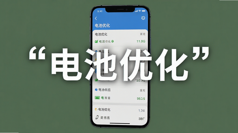 主体为手机界面设置截图模拟图,布局清晰,排版整齐,风格为扁平化UI,细节显示电池优化列表,画质清晰,干净背景,文字“电池优化”加引号突出