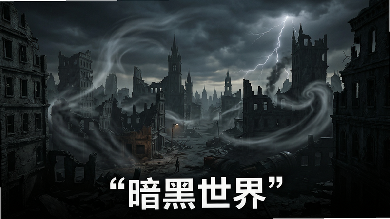 主体为游戏内暗黑风格的城市废墟场景,布局采用广角透视,排版层次分明,风格为写实CG,细节处有风暴气流特效,画质超高,清晰锐利,无水印,文字“暗黑世界”加引号置于底部