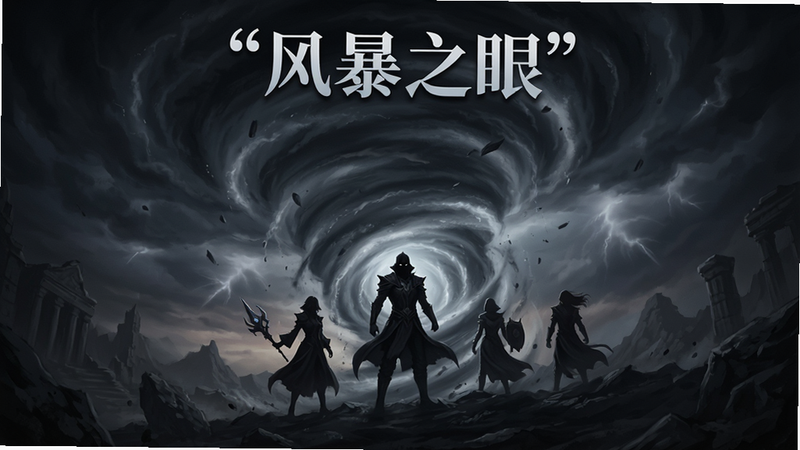 主体为《风暴之眼》手游的主视觉海报,布局居中,排版简洁大气,风格为暗黑史诗风,细节丰富,展示风暴漩涡中的角色剪影,画质高清,干净无多余元素,文字“风暴之眼”加引号置于顶部中央