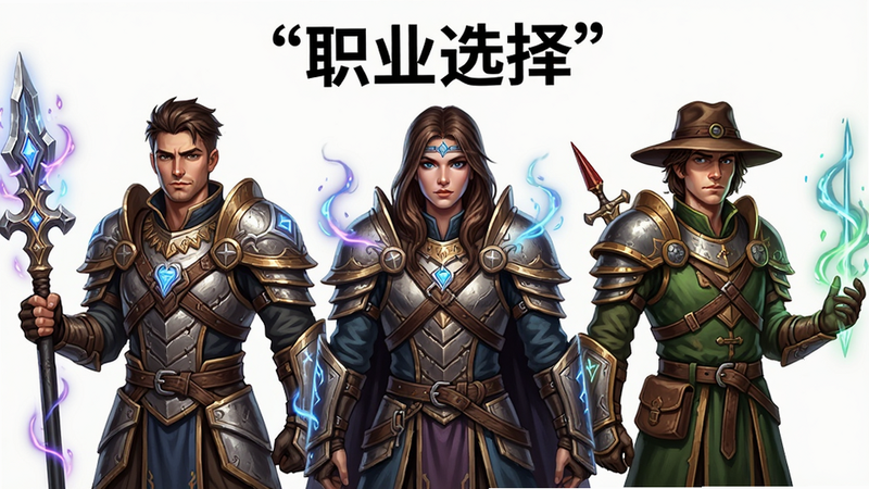 主体为三个不同职业的角色并排站立,布局对称,排版紧凑,风格为角色立绘,细节展现盔甲纹理与魔法光效,画质精致,干净背景,无多余装饰,文字“职业选择”加引号置于上方