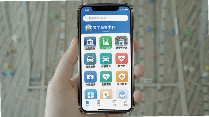 主体为手机屏幕界面,展示“数字乌鲁木齐”APP首页,布局包含顶部搜索栏、中部网格状功能入口图标(如政务、交通、医疗),底部导航栏,排版整齐,风格为现代扁平化UI设计,细节清晰显示APP Logo及文字“数字乌鲁木齐”,画质高清,干净,无多余元素