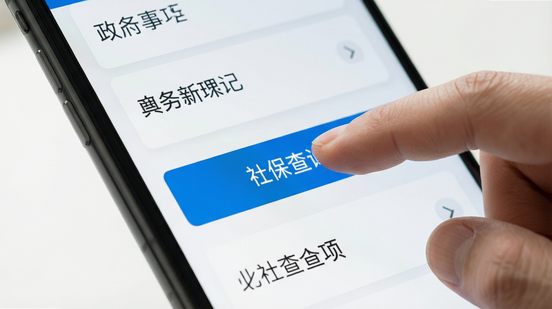 主体为手机操作界面特写,显示政务办事页面,布局为列表形式展示不同政务事项,排版清晰,风格为简洁商务风,细节包含手指点击“社保查询”按钮的动作,画质高清,干净,无多余元素