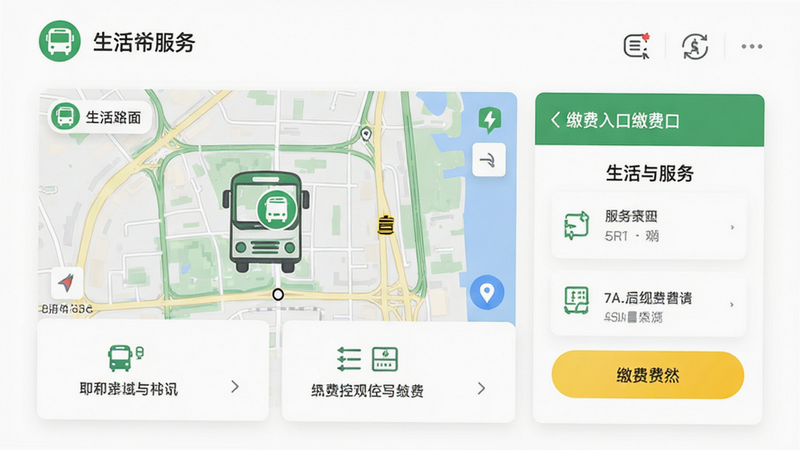主体为生活服务页面,显示公交地图与缴费入口,布局为地图视图与功能卡片结合,排版直观易懂,风格为清新生活风,细节包含绿色公交图标与黄色缴费按钮,画质高清,干净,无多余元素