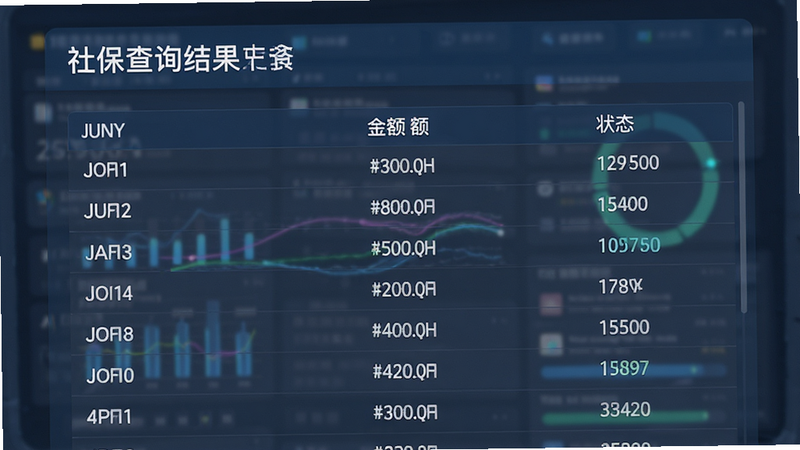 主体为社保查询结果页面,显示缴费明细表格,布局为数据列表,排版整齐,风格为数据可视化风格,细节包含月份、金额、状态列,画质高清,干净,无多余元素