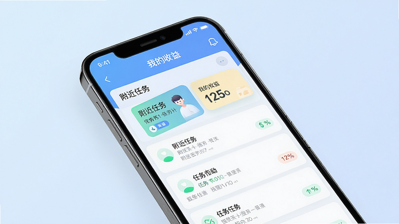 一张展示小活儿APP核心界面的概念图,主体为智能手机屏幕,显示简洁的任务列表界面,包含“附近任务”、“我的收益”等模块,背景为柔和的浅蓝色渐变,风格现代简约,细节清晰,无多余元素,高清画质