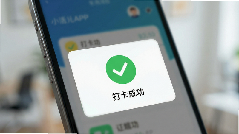 小活儿APP打卡功能操作演示图,手机屏幕显示“打卡成功”弹窗,绿色对勾图标醒目,背景虚化,风格简洁现代,色彩清新,细节精致,无多余元素,高清渲染