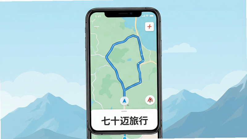 一张展示七十迈旅行APP界面的UI设计图,主体为手机屏幕,显示地图导航界面,上方有清晰的路线轨迹,下方有“七十迈旅行”字样,背景为淡蓝色天空与山脉,风格扁平化,色彩清新,高清,无多余元素,文字“七十迈旅行”清晰可见,布局整洁,细节精致,4k画质,干净,无水印