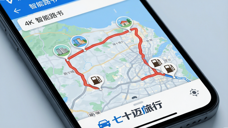 手机界面展示自驾路线规划页面,地图上有一条红色的推荐路线,沿途标记有景点图标和加油站图标,底部有“七十迈旅行”Logo,界面简洁,蓝色主色调,高清,无多余元素,文字“智能路书”清晰,布局合理,细节丰富,4k画质,干净