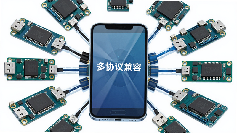 多个不同型号的USB芯片和开发板环绕手机屏幕的示意图,布局为辐射状分布,排版规整,风格为科技感插画,细节展示芯片引脚与连接线,画质清晰,干净无多余元素,文字“多协议兼容”
