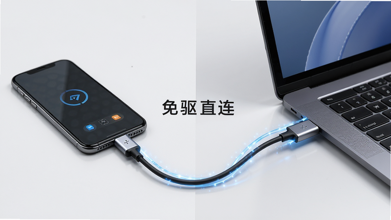 展示手机通过USB数据线直接连接笔记本电脑的场景,布局为左右对比结构,左侧手机右侧电脑,排版清晰,风格为写实摄影风,细节突出数据流动的光效,画质高清,干净无多余元素,文字“免驱直连”