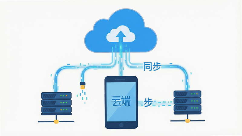 主体为云朵图标与手机连接示意图,布局上下结构,风格扁平化设计,细节包含数据流动光效与服务器图标,文字“云端同步”,画质清晰,干净无多余元素