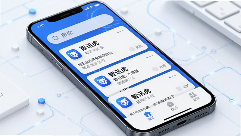 主体为智能手机屏幕,显示智讯虎APP界面,布局清晰,顶部为搜索栏,中部为错题卡片列表,底部为功能导航。风格现代简约,蓝色科技色调,细节包含高清UI图标与文字“智讯虎”,画质4k,干净无多余元素